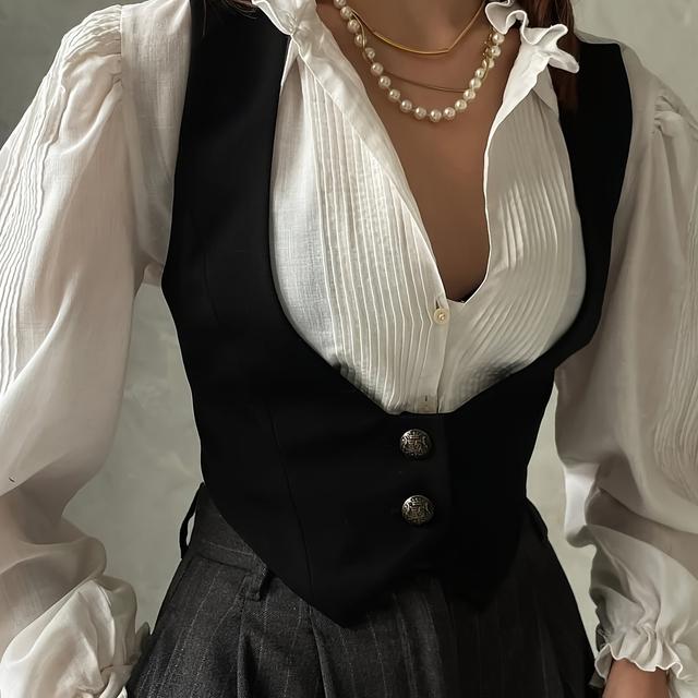 TEMU Elegant Women' V-neck Vest With Pearl Detail - Casual Polyester Sleeveless Jacket, Wear