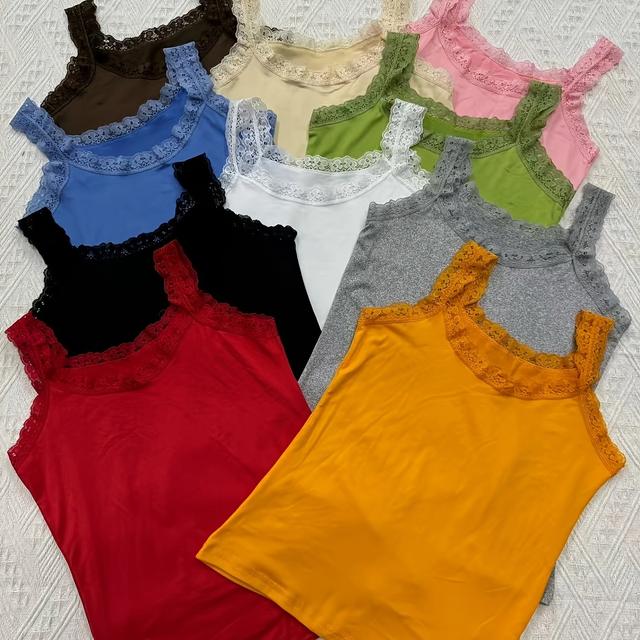 TEMU 10pcs Elegant Lace Camisole With Round Neck, Spring And Summer New Style - Comfortable Elastic Fabric, Unpadded, Design, Fashionable Wear, Suitable For All Women's Clothing