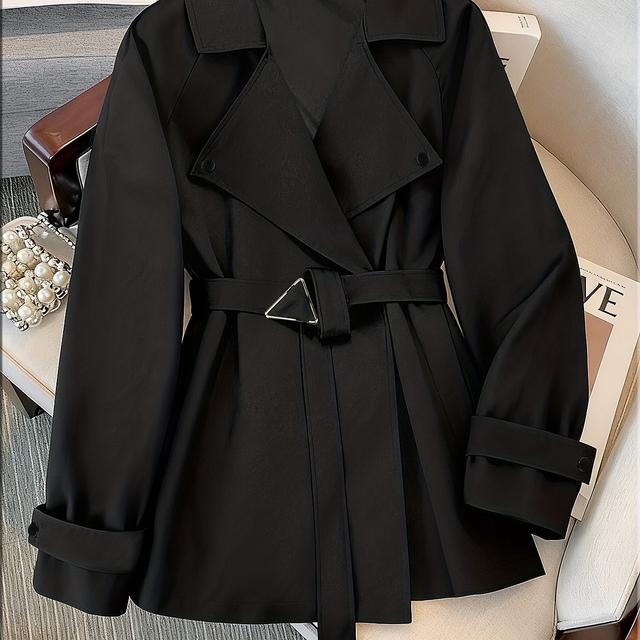 TEMU Standard Size Black Waist Belt Trench Coat - Lapel Collar Short Wrap Coat With Adjustable Belt, Flattering Outerwear For Casual Meetings & Stylish Lounging