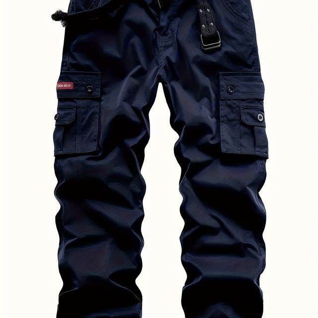 TEMU 남성용 캐주얼 솔리드 컬러 카고 팬츠, 다수의 포켓과 약간의 신축성 있는 원단, 100% 폴리에스터, 야외 활동에 적합. 벨트 미포함