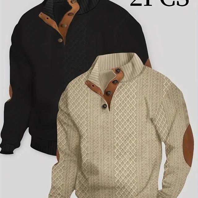 TEMU 2 Heren Casual Bow Tie Gebreide Truien, Lange Mouwen, Lichte Stretch, Kleur, Knoopdetail, Formele Stijl, Geschikt voor Wandelen en Buiten, Lente- en Herfstcollectie