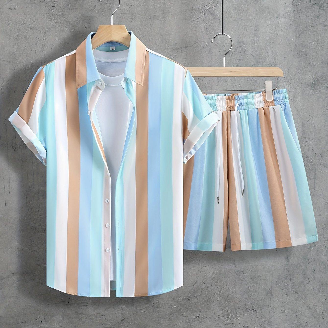 TEMU Men's Casual Set With A Short-sleeve Striped Shirt In Various Colors And Drawstring Waist Shorts (without T-shirt)