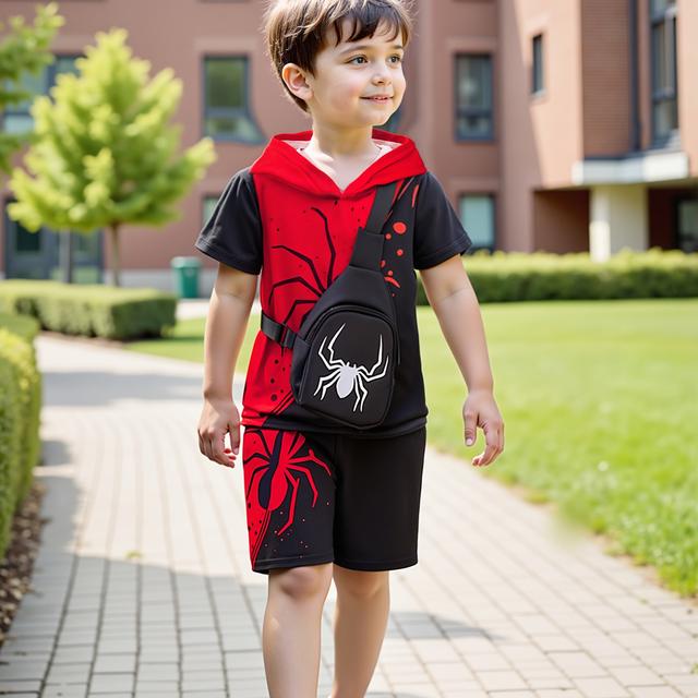 TEMU Jungen Sommer Schwarz-Rot 'Spider' Color-Blocking Stilvolles und Trendiges Dreiteiliges Set mit einem Kapuzen-Kurzarm-Shirt, Shorts und einer Spider-Muster-Tasche, für Draußen