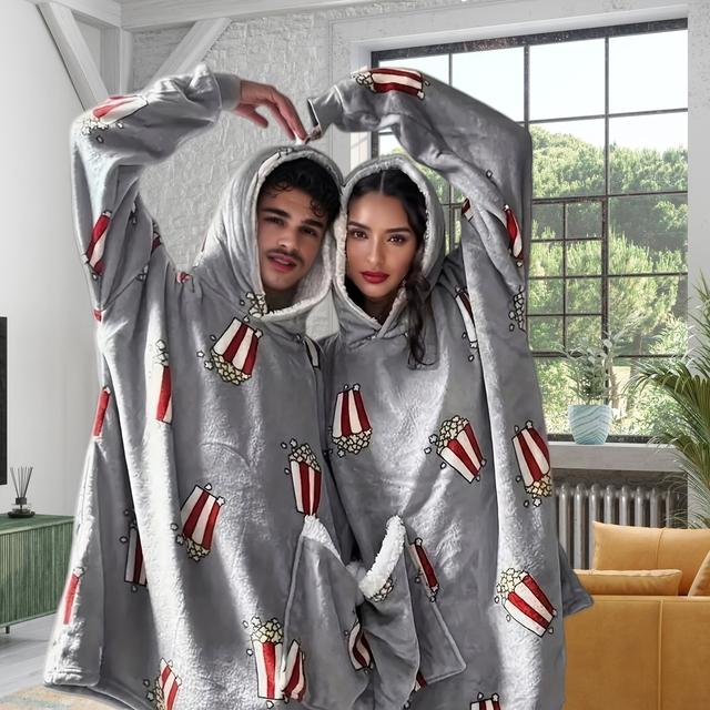 TEMU Plus Size , Romantic Couple's Flannel Pajamas With Popcorn & Candy Graphic - Cozy, Warm, Long Sleeve, Pullover Hoodie For Fall & Winter, Pajamas| Print Design|, Plus Size Pajamas, Thick
