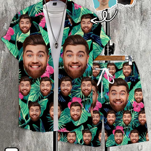 TEMU Custom 3d Photo Print Men's Short Sleeve Shirt And Shorts Set - Hawaiian Style, Casual Polyester, Non-stretch Fabric, Regular Fit, Casual Wear|hawaiian Style|polyester