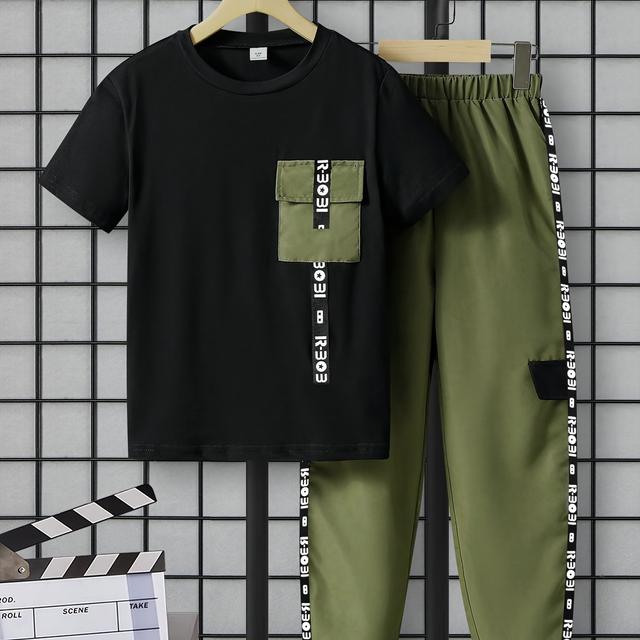 TEMU Conjunto de 2 piezas para niños, camiseta corta de para verano + pantalones con cordón, ideal para niños medianos y grandes, moda al , para actividades al .