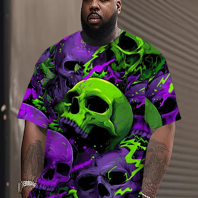 TEMU Men's Neon Green And Purple Gothic Skull Pattern T-shirt - 3d Print Halloween Party Outfit, Breathable Plus Size Style Round Neck Short Sleeve, Machine Washable - Plus Size Available