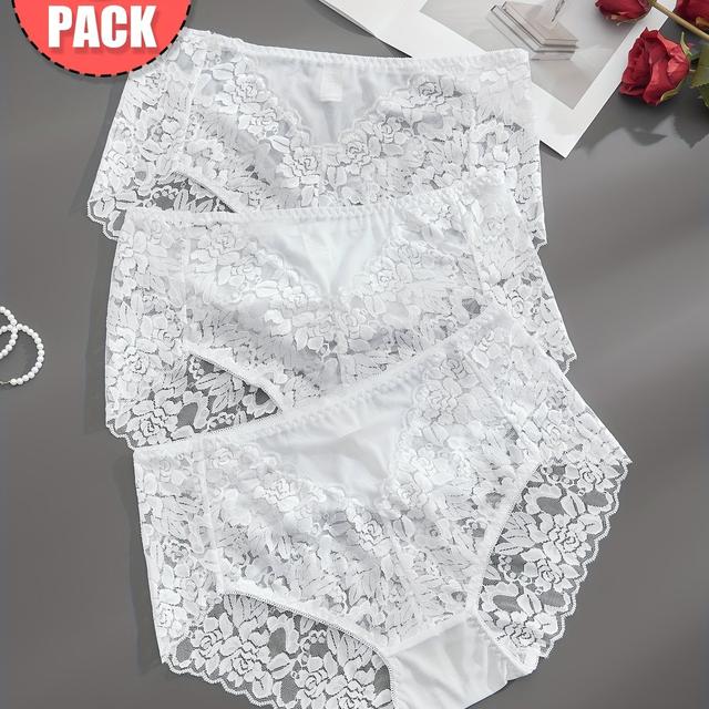 TEMU Комплект з 3 штук білизни великих розмірів з чистою мереживною вставкою, сексуальний та , еластичний та дихаючий