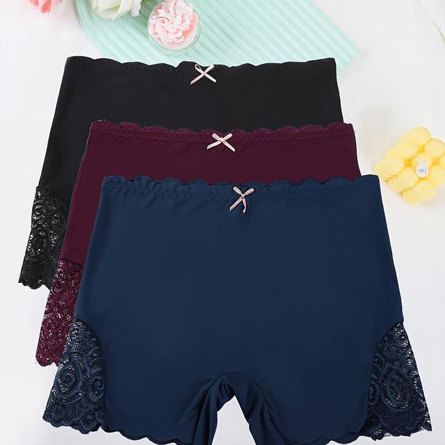 TEMU 3-piece Seamless Lace Waistband High-waisted Soft Nylon Panties With Bow Detail, Women's Briefs