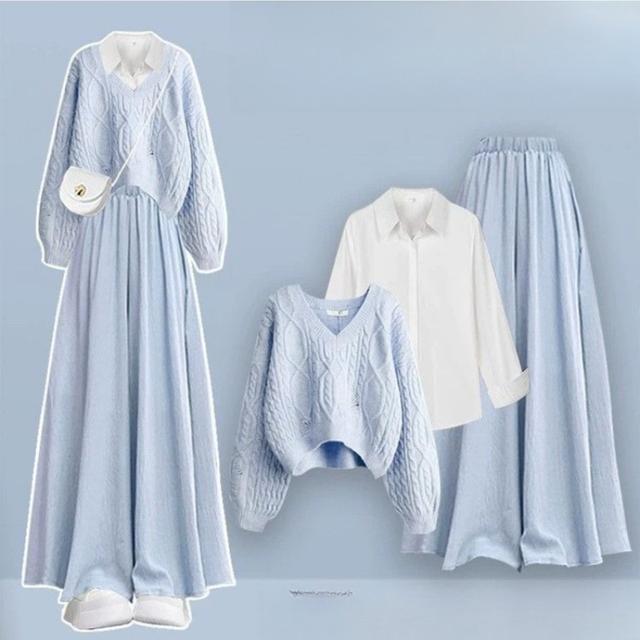 TEMU 【2025年秋新作】韓国風 秋 再び着る セーター+シャツ+ルーズスカート