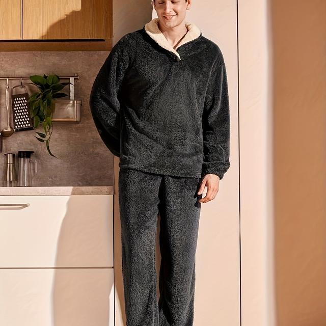 TEMU Men's Winter Coral Solid Color Long Sleeve Simple Pajama Set Homewear Basic 2pcs Top + Pants