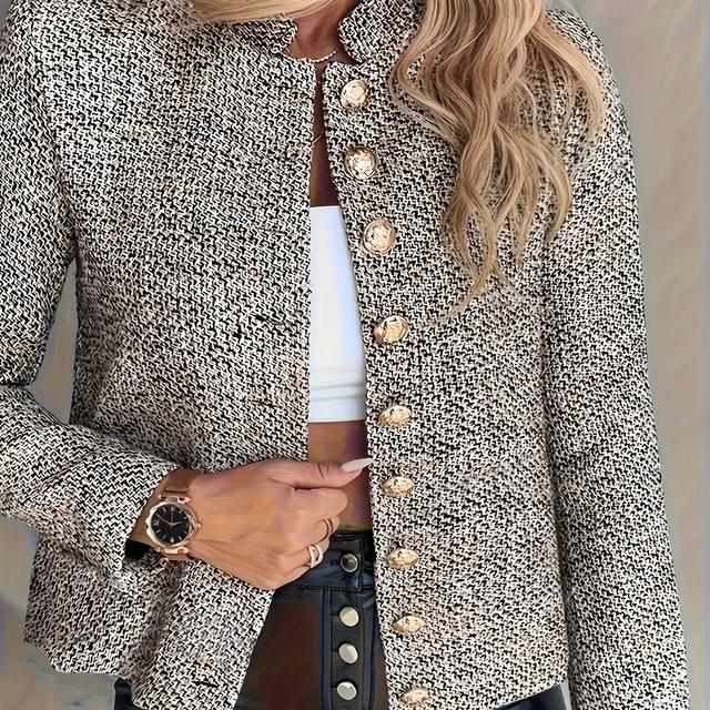 TEMU Plus Size, Plus Size Elegant Women's Chic Tweed Blazer - Long Sleeve, Button Front, Lightweight Jacket For Work & Casual, Polyester, Non-sheer, Solid Color
