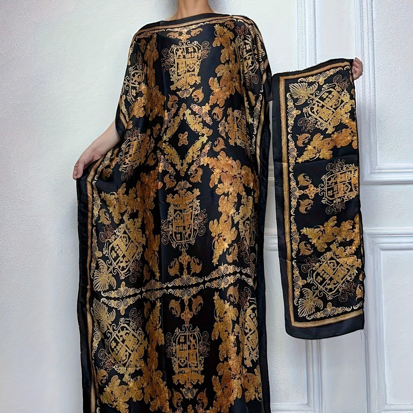 TEMU Graphic Print Boat Neck Abaya, Elegant Short Batwing Sleeve Loose Dress With Scarf For , Women's Clothing