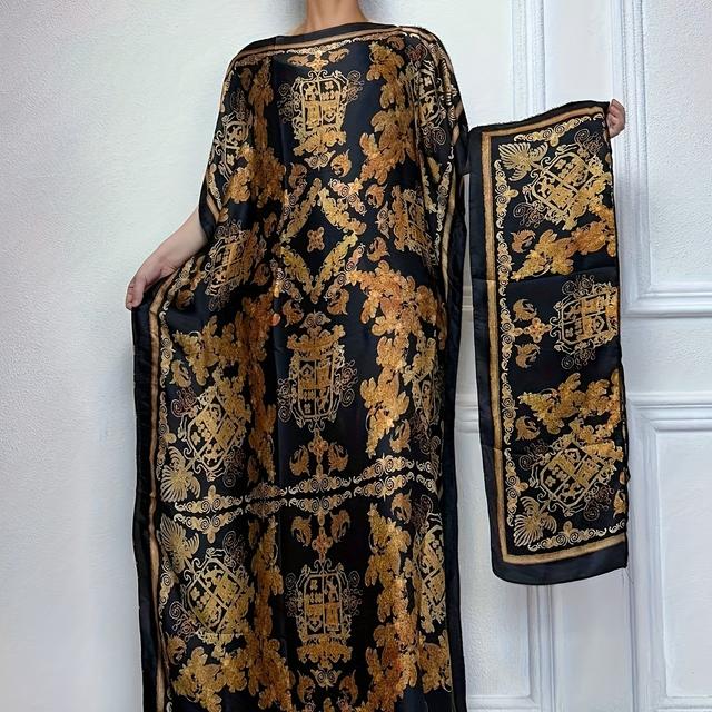 TEMU Graphic Print Boat Neck Abaya, Elegant Short Batwing Sleeve Loose Dress With Scarf For , Women's Clothing