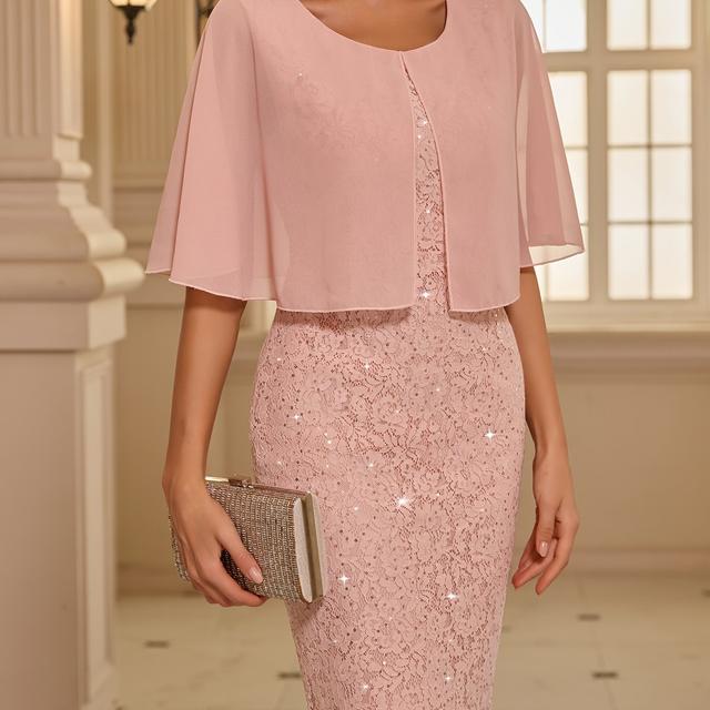 TEMU Robe cape pour femme pour de mariage, robe cintrée enveloppante en mousseline de Chine, dentelle et paillettes pour cocktail