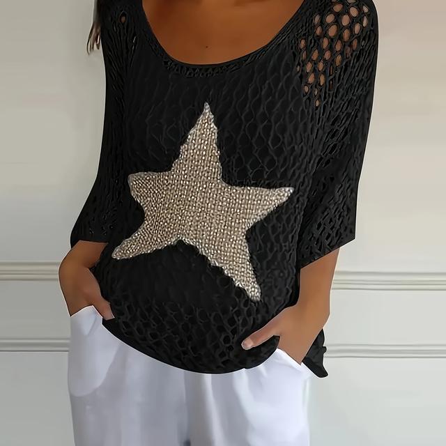 TEMU Women's Loose Hollow-out Star Cover-up, Round Neck Shirt, Summer Swimwear Cover-up