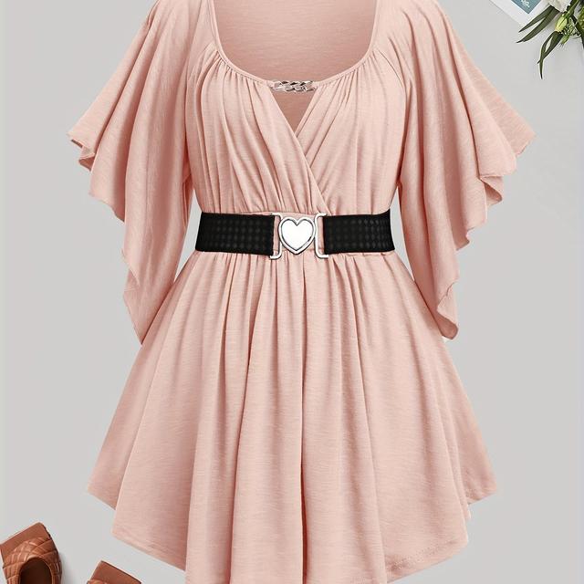 TEMU Valentinstag Damen Metall-Herz T-Shirt, Casual Plissiertes Kurzarm-Oberteil mit Gürtel für Frühling/Sommer