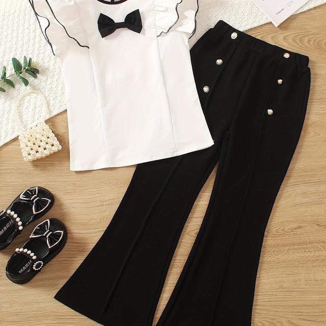 TEMU Girls' Two-piece Set: Round Neck Double-layered Ruffle Bow Top + Decorative Button Flared Pants For Summer , Outdoor