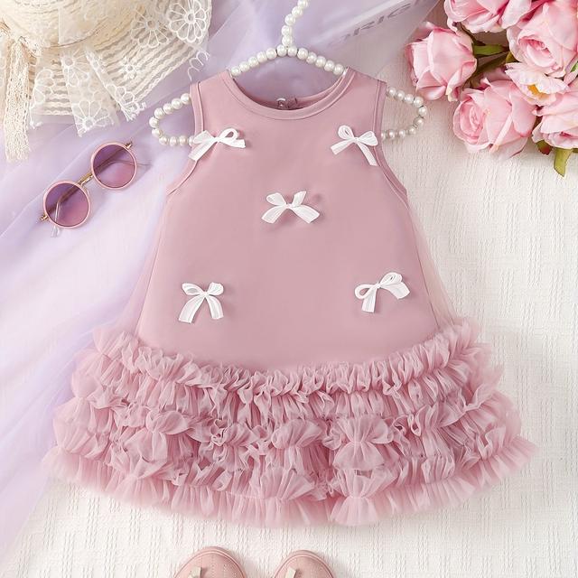 TEMU Girls' Light Pink Sleeveless Round Neck Tulle Dress With White Bow Detail - Asymmetrical Hem, Lace Trim, Casual Outdoor Playwear For Spring/fall, Baby Girl Dress, Attire, Delicate Fabric