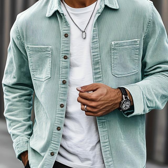 TEMU Herrpresent: En populär avslappnad skjortjacka i Manchester med krage, långa ärmar med knappar och dubbla fickor, för vardagsmode, utflykter, pendling och street style under vår och höst.