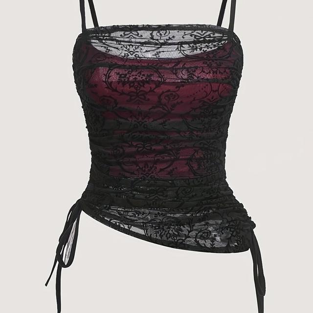 TEMU Floral Mesh Flocked Drawstring Tank Top For Women