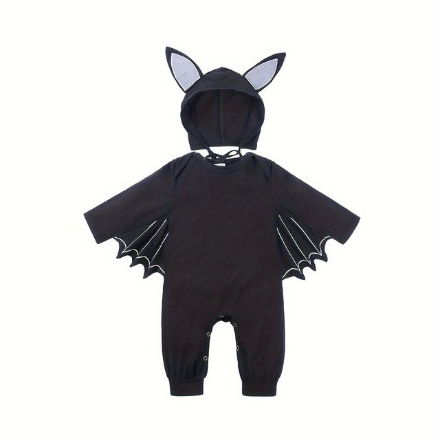 TEMU زي خفاش هالوين للأطفال مع قبعة متناسقة - قطعة واحدة قطنية مريحة بأكمام طويلة للأولاد والبنات، مثالية للخريف/الشتاء، مثالية للخارج