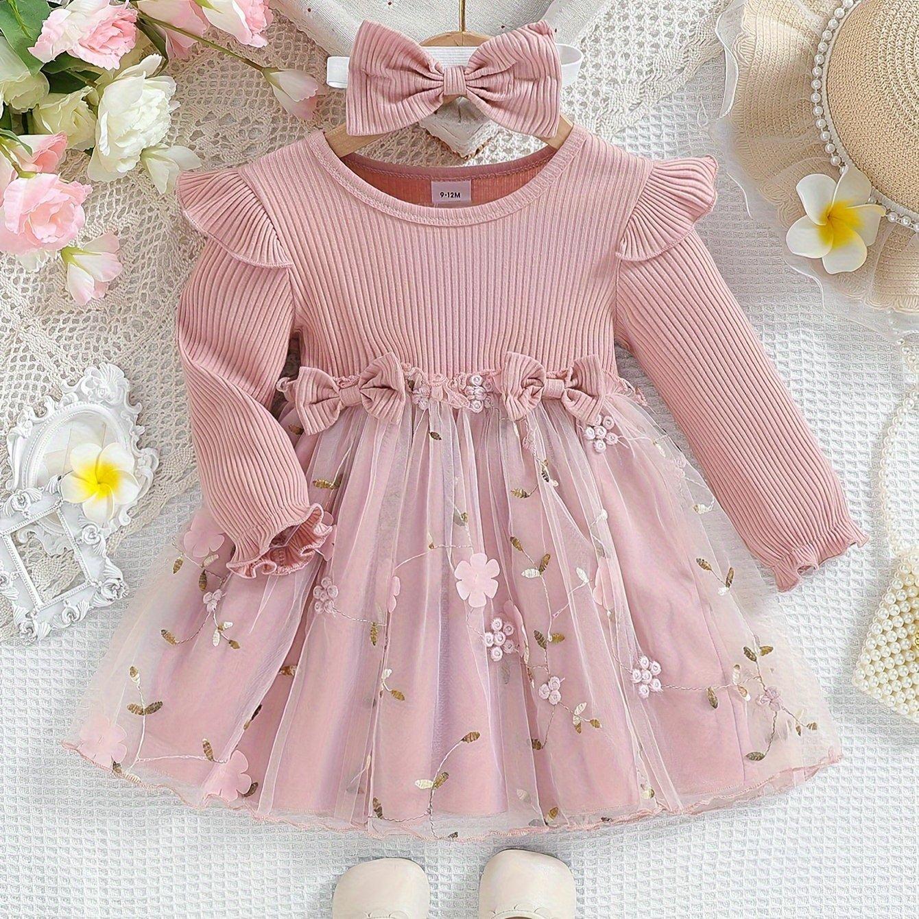 TEMU Baby's Bow Decor Flower Embroidery Mesh Splicing Long Sleeve Dress And Hairband, Infant And Toddler Girl's Dress For Daily Wear/holiday/party, As Gift