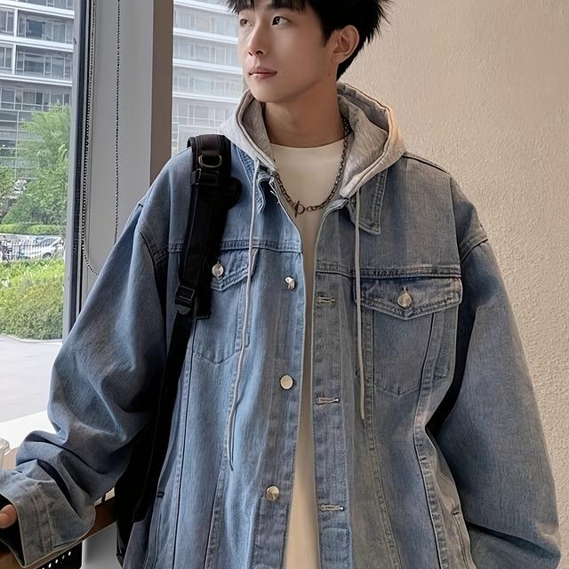TEMU 春秋用 フード付き日本製ルーズ長袖トップス 取り外し可能なフード付きデニムジャケット