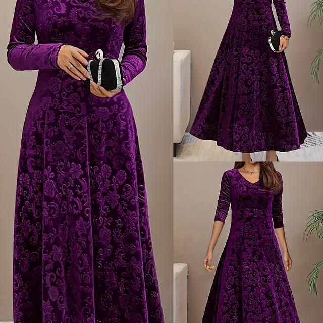 TEMU Plus Size - Plus Size - Populär Långklänning i Sammet med Prägling för Fruar i Stora Storlekar