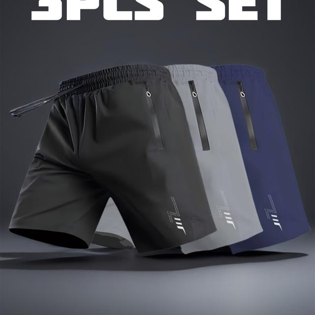 TEMU ชุดกางเกงขาสั้นผู้ชาย 3 ชิ้น แห้งเร็ว สีพื้น เอวยางยืดพร้อมเชือกปรับขนาด สำหรับการออกกำลังกายในโรงยิมและฝึกซ้อมในฤดูร้อน