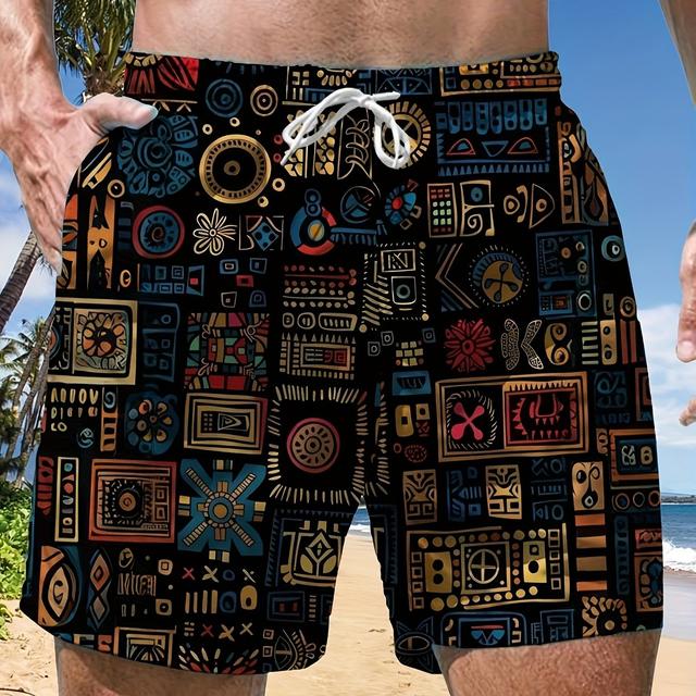 TEMU Pantalones Cortos de Playa para Hombre | 100% de Secado Rápido con Estampado Geométrico Brillante de Cuerpo Completo | Corte Regular con Bolsillos para Natación, Surf y Actividades al Aire Libre