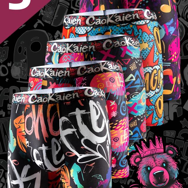 TEMU Nuevos Boxers Largos para Hombre - Paquete de 5, Estampado Graffiti, Ropa Interior Delgada y Transpirable