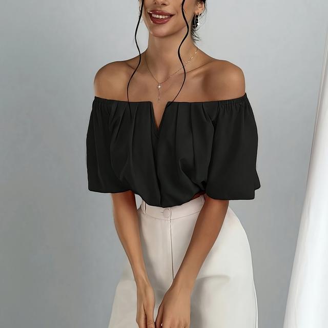 TEMU Damen Top in Unifarben mit Off-Shoulder V-Ausschnitt Taillierter Taille, Kurzarm-Oberteil