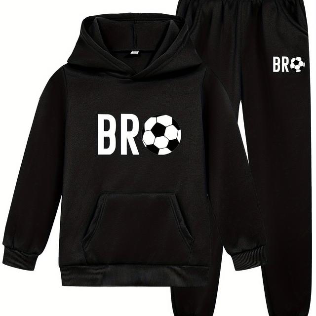 TEMU 'bro' Letter Football Graphic Print Hoodie And Pants 2-piece Set – Casual Outfit For Boys, Spring/fall Outdoor Wear