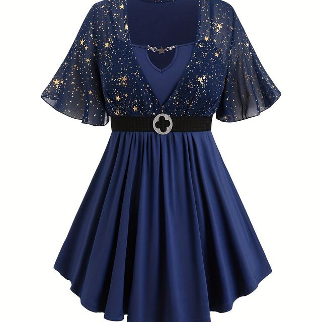 TEMU T-Shirt mit Rüschen und Sternmuster in Übergröße, lässiges Kurzarm-T-Shirt mit Netznähten, Damenbekleidung in Übergröße