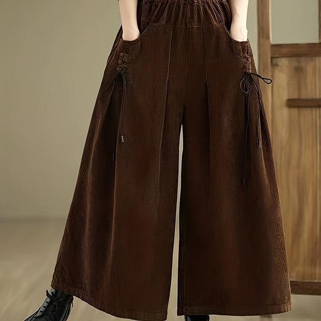 TEMU 코듀로이 와이드 레그 팬츠 - 신축성 있는 코듀로이 허리밴드 (다양한 체형에 적합), 솔리드 컬러 캐주얼 바지, 세탁기 사용 가능, 캐주얼 복장용 코듀로이 팬츠