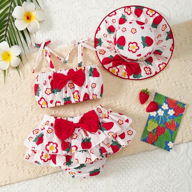 TEMU 3- set voor pasgeboren meisjes met cartoon aardbei bloemenprint, strikje en bretels top + dubbelgevouwen kanten PP broekrok + zomerse zonnehoed vakantieset, inclusief schouderband lengtemeting
