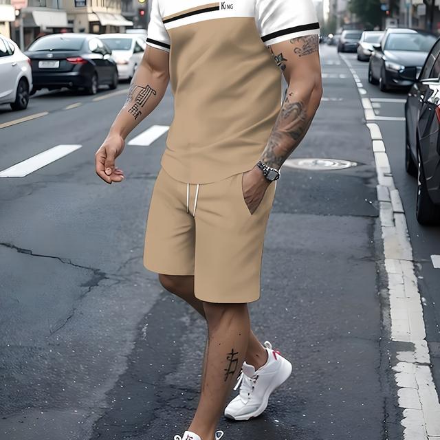 TEMU 1set Men's Novelty Casual Two-piece Set, Polyester Knit Fabric With Stretch, Crew Neck Printed T-shirt And Shorts Outfit