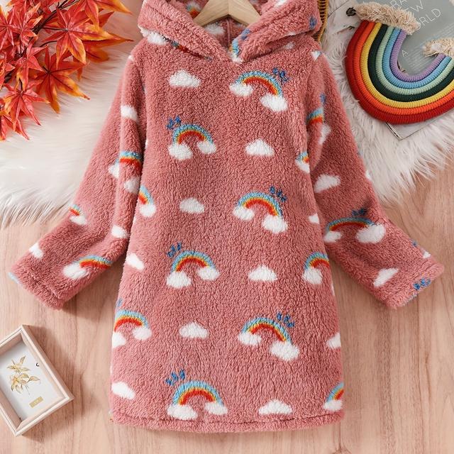 TEMU Girls' Rainbow Long-sleeve Hooded Dress, Soft And Comfortable For Autumn/winter Wear, Suitable For Outdoor Occasions
