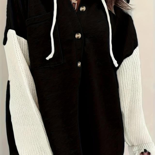 TEMU 1 Stück Damen Plus Size Strickjacke mit Kapuze und Kontrastärmeln - einfarbige Acetat-Kapuzenjacke für Herbst/Winter