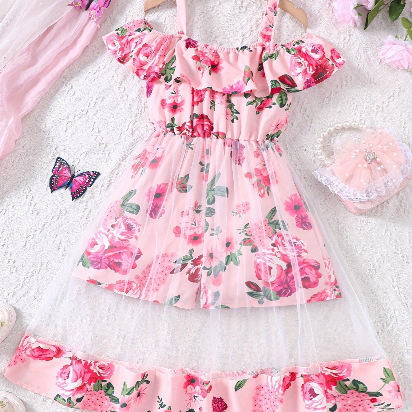 TEMU Girls' Summer New Arrival Ruffle Hem Mesh Maxi Strapless Jumpsuit, Perfect For Outdoor