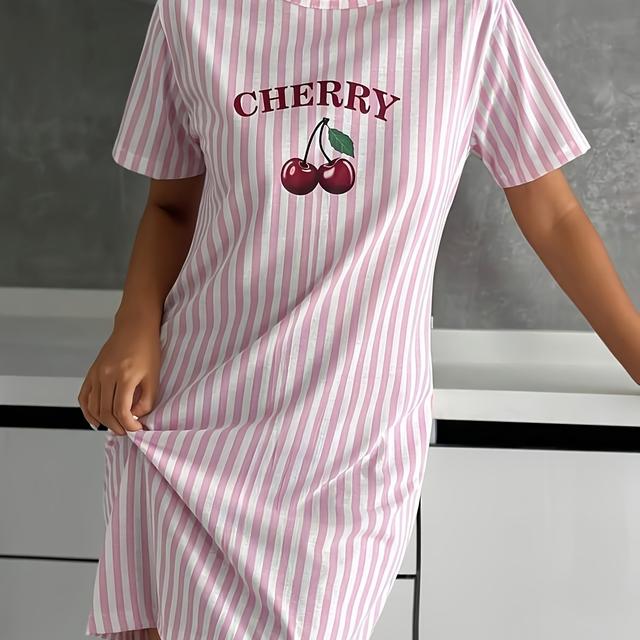 TEMU Gestreiftes Damen-Nachthemd mit Rundhalsausschnitt, Buchstaben- und Kirschdruck, Kurzarm-Nachthemd, Kirschfarbenes Kleid, Kurzes Nachthemd, Kirschfarbene Kleidung