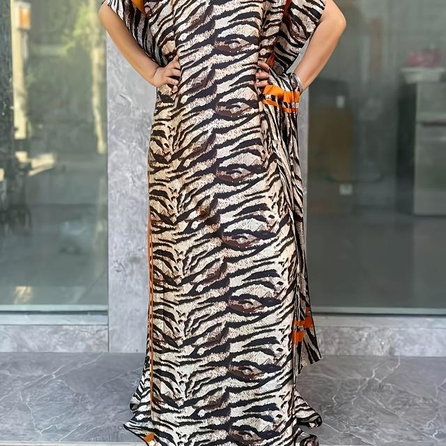 TEMU Plus Size Floral Pattern Longline Dress, Elegant Short Sleeve Crew Neck Dress With Scarf For , Women's Plus Size Clothing