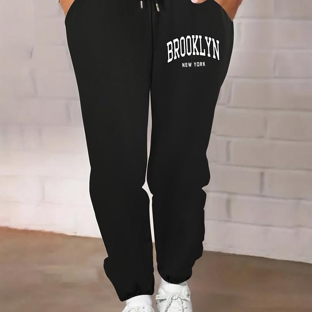 TEMU Plus Size Women's Vibrant Red Athletic Joggers With Brooklyn New Print - Elastic Waistband, Machine Washable, Casual & Workout Pants