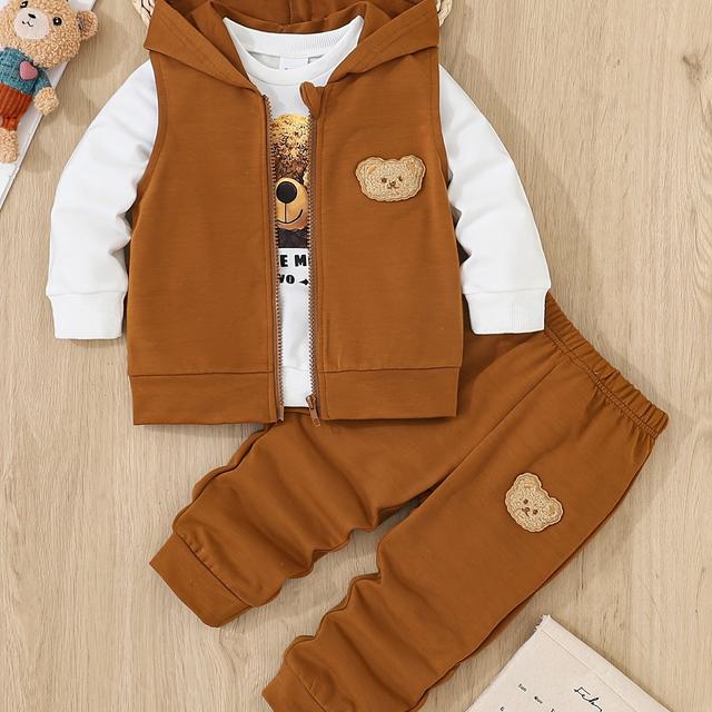 TEMU A 3pcs Set For Baby Boys Featuring A Hoodie With Bear And A Vest - Casual Sportswear With Zipper Details, Machine Washable - Spring And Autumn, Ideal For Outdoor Activities.