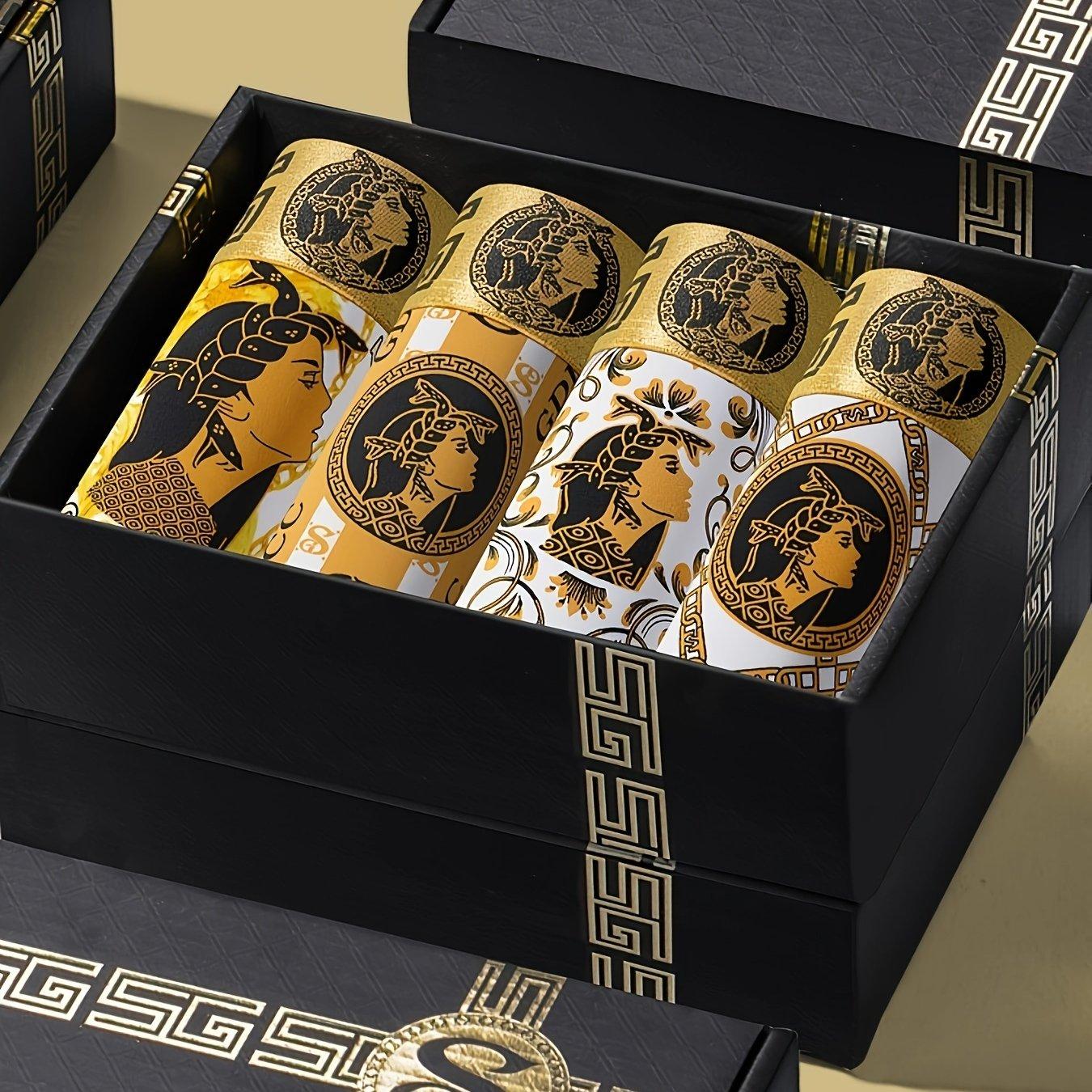 TEMU 4pcs Gift Box Set: Trendy And Fashionable High-end Portrait Print With Golden And White Patterns, Ice Silky Fiber Fabric, Refreshing, Breathable, And Comfortable Men's Short Boxer Briefs