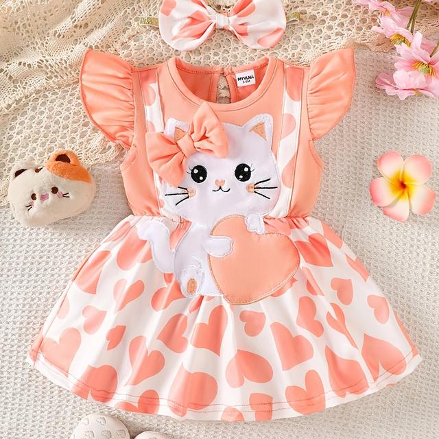 TEMU Baby Meisje Perzikroze Kat Hart Jurk met Fladdermouwen & Bijpassende Strik Haarband, Schattige Zomeroutfit