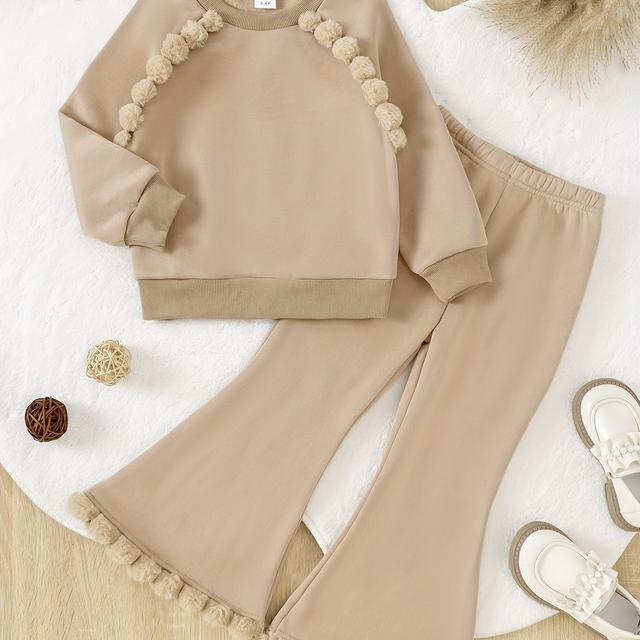 TEMU Soft And Comfortable 2pcs Girls' Set, Solid Color Long-sleeve Top + Flared Pants With Ball Lace Trim, Fleece-lined Suit, Autumn/winter Gifts Or Stylish Casual Wear, Outdoor