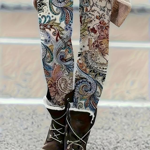 TEMU Women's Plus Size High-waisted Paisley Print Leggings - Stretchy Fit Casual Pants With Vibrant , Machine Washable For Spring/fall, Attire, Nontransparent Fabric