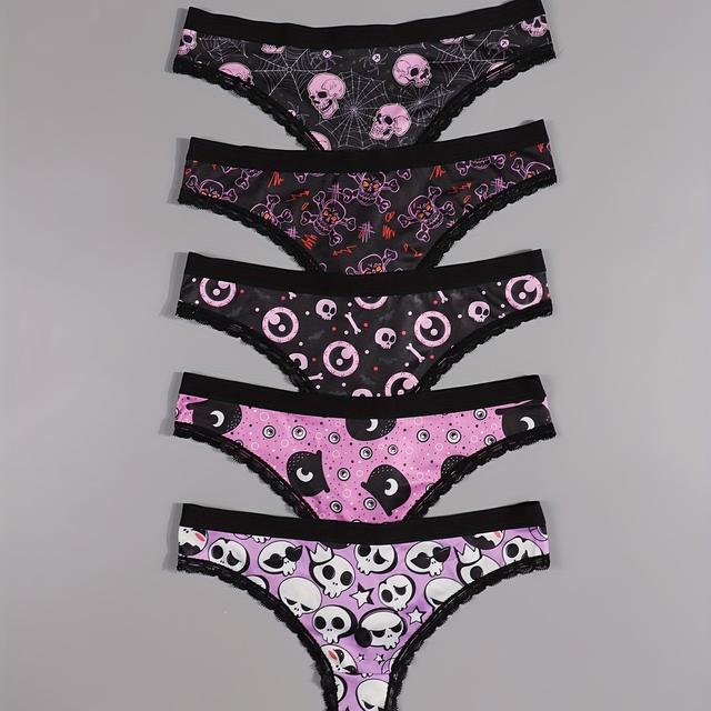 TEMU 5er-Pack Sexy Niedliche Gothic Spitze Tanga | Halloween Schwarz Augen & Totenkopf & Sterne Allover Print Bequeme Intimates Slips, Damen Unterwäsche & Dessous, Drop Waist Style von MORVIA
